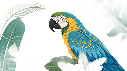 A vibrant macaw parrot perched among lush tropical foliage in a stylized illustration style