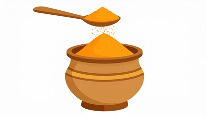 Vector illustration of a wooden spoon pouring yellow spice powder like turmeric or curry into a rustic pot, isolated on white background