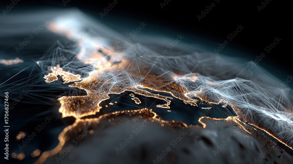 Poster digital network connecting europe: futuristic visualization of global communication lines