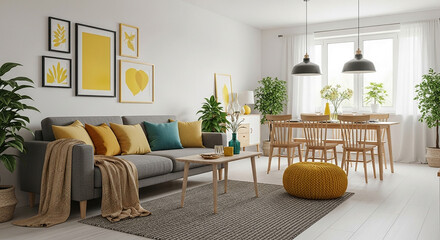 Bright Home Interior Design Living Room Modern Style Yellow and Gray Decor Natural Light Cozy Ambiance Furniture Art