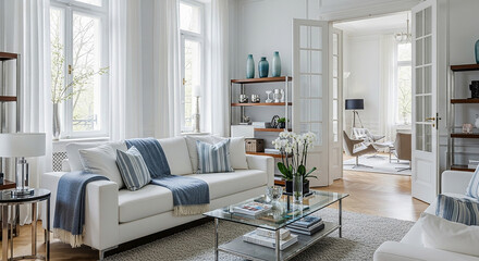 Serene White Living Room Interior Modern Home Decor Stylish Sofa Natural Light Open Doors Interior Design Furniture and