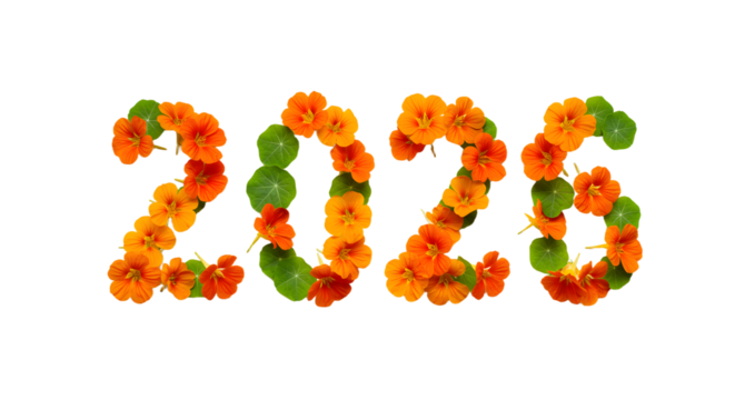 2026 numbers made with orange flowers and green leaves isolated on white background, perfect for spring and summer design projects