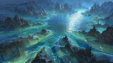 Obraz premium A fantastical landscape with towering mountains and serene water reflecting light,