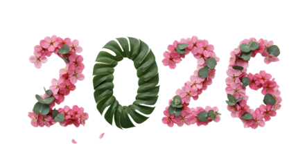 2026 floral numbers with pink flowers and green leaves on black background, perfect for New Year celebrations and spring events