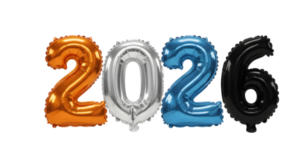2026 foil number balloons in orange, silver, blue and black colors on white background, perfect for New Year celebrations and milestone parties