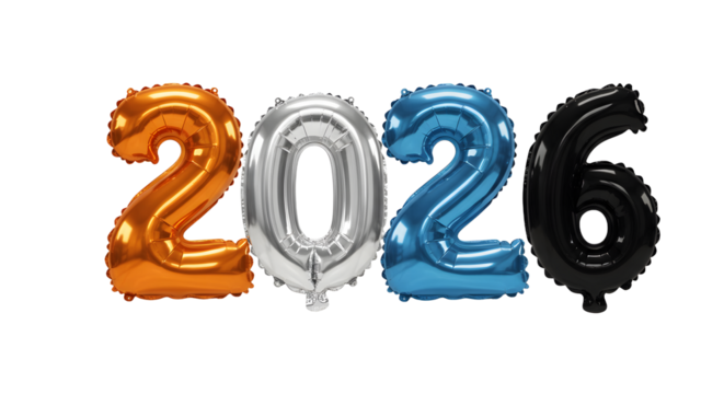 2026 foil number balloons in orange, silver, blue and black colors on white background, perfect for New Year celebrations and milestone parties