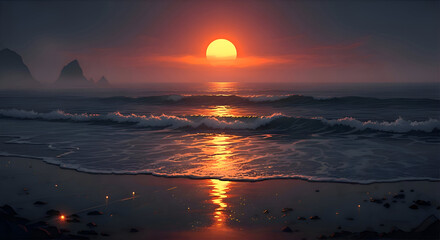 Sunset Over Ocean with Silhouetted Mountains