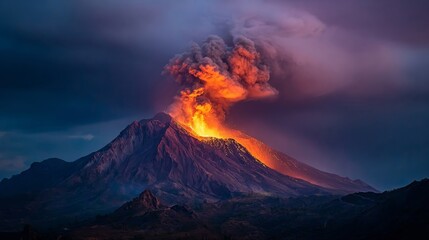 A dramatic volcanic eruption at night with a towering plume of ash and smoke, fiery molten lava flowing down the slopes,