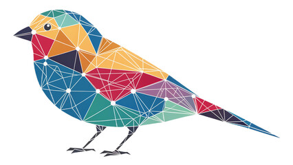 A colorful geometric bird illustration with triangles and white dots on a black background