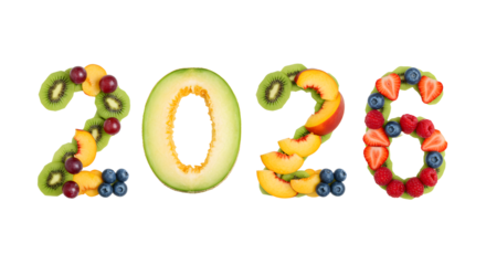 2026 year numbers made of fresh tropical fruits including kiwi, peach, strawberry, blueberries and more, healthy food concept