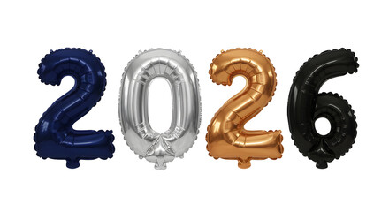 2026 number balloons in blue, silver, gold, and black colors on white background, perfect for New Year celebrations and event decorations