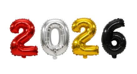 2026 number balloons in red, silver, gold, and black colors on black background, perfect for New Year celebrations and parties
