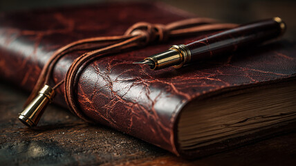 Close up of polished leather bound journal with fountain pen resting top, evoking creativity