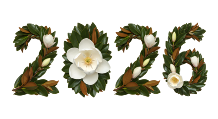 2026 numbers made of magnolia flowers and green leaves, floral nature concept, perfect for New Year and seasonal greetings