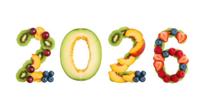 2026 year numbers made of fresh tropical fruits including kiwi, peach, strawberry, blueberries and more, healthy food concept