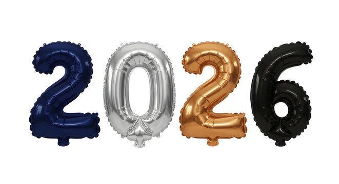 2026 number balloons in blue, silver, gold, and black colors on white background, perfect for New Year celebrations and event decorations