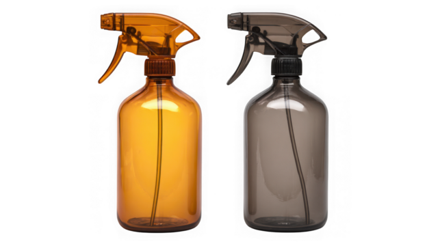 Two amber and dark grey plastic spray bottles with triggers isolated on transparent background