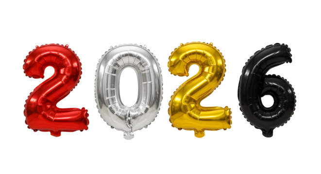 2026 number balloons in red, silver, gold, and black colors on black background, perfect for New Year celebrations and parties