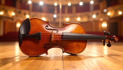 A Classic Violin Rests On A Polished Wooden Stage, Ready For A Performance In A Beautifully Lit Concert Hall. With Comprehensive Details And Informative Content For Stock Photography Needs