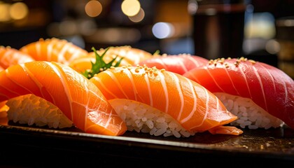 A Delectable Platter Showcasing Premium Sushi, Featuring Succulent Salmon And Tuna Nigiri. Artisan Prepared, This Image Highlights The Exquisite Texture And Vibrant Colors Of Fresh Seafood.