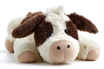 Cute brown and white fluffy cow plush toy lying on isolated white background