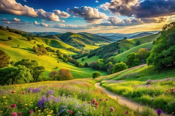 Obraz premium Serene Rolling Hills Landscape with Blooming Wildflowers and a Gentle Winding Path
