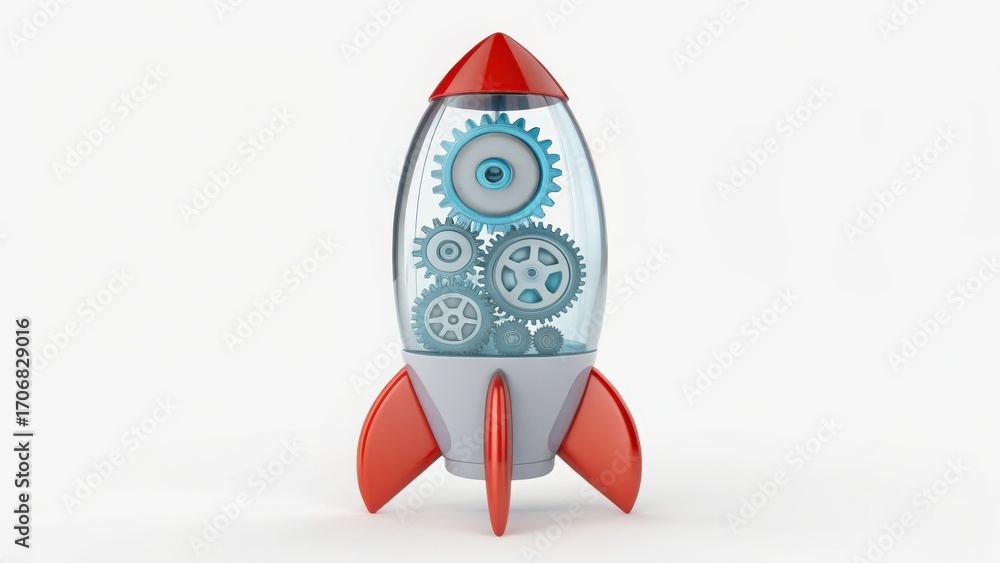 Poster startup success execution competition goals concept. rocket with visible gears and a red tip design.