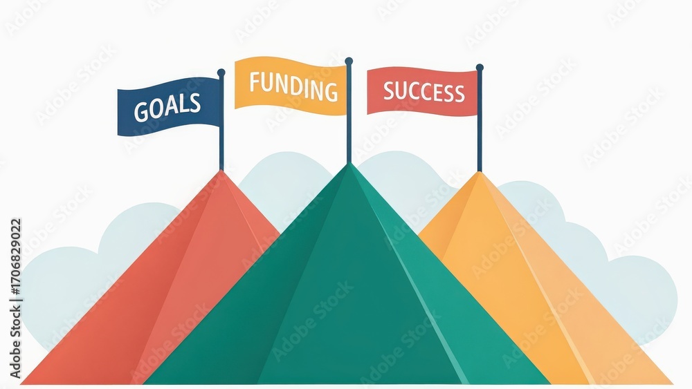 Poster startup success execution competition goals concept. colorful pyramids with flags representing goals