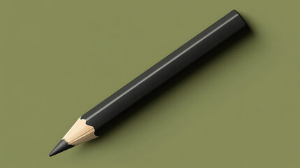 A 3D charcoal pencil with matte black body and blunt tip placed on a solid olive green background, captured with minimalistic studio lighting,