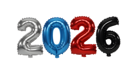 2026 year balloons in silver, blue, red, and black colors isolated on white background, perfect for New Year celebrations