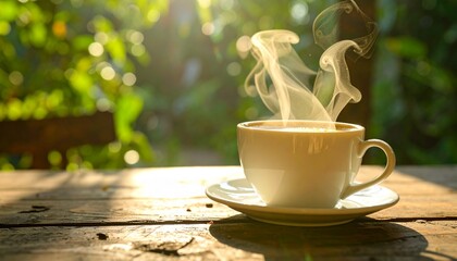A Steaming Cup Of Coffee Sits On A Rustic Wooden Table Outdoors, Bathed In The Warm Morning Sunlight, Creating A Tranquil And Inviting Atmosphere Perfect For Relaxation And Enjoyment.