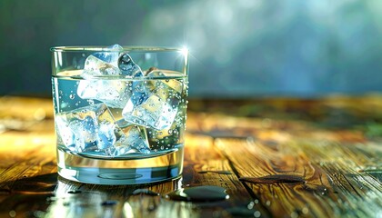 A Refreshing Glass Of Sparkling Water With Ice Cubes On Wooden Table Crystal Clear Image Of Icy Cold Drink With Comprehensive Details And Informative Content For Stock Photography Needs