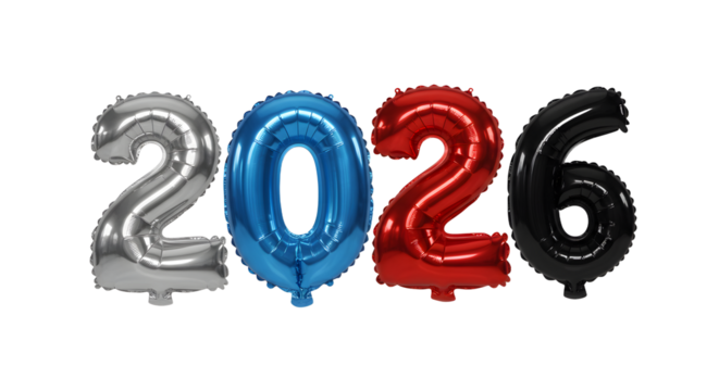 2026 year balloons in silver, blue, red, and black colors isolated on white background, perfect for New Year celebrations - Powered by Adobe