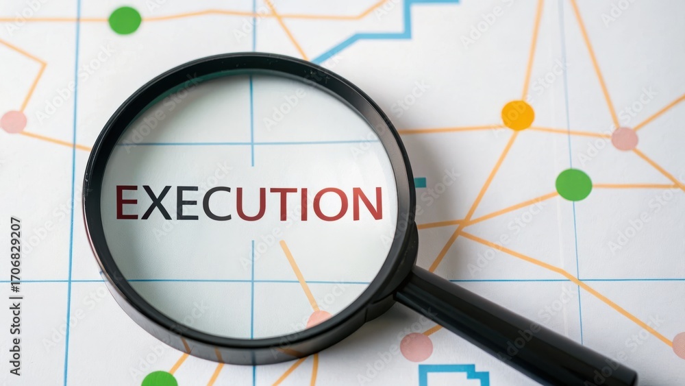 Poster startup success execution competition goals concept. magnifying glass highlighting the word 