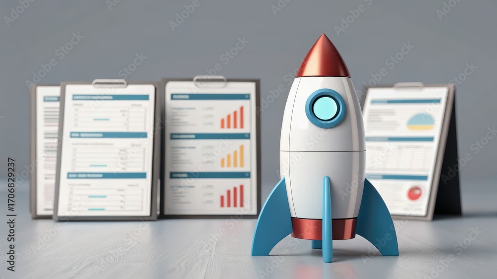 Poster startup success execution competition goals concept. rocket model in front of reports and charts on 