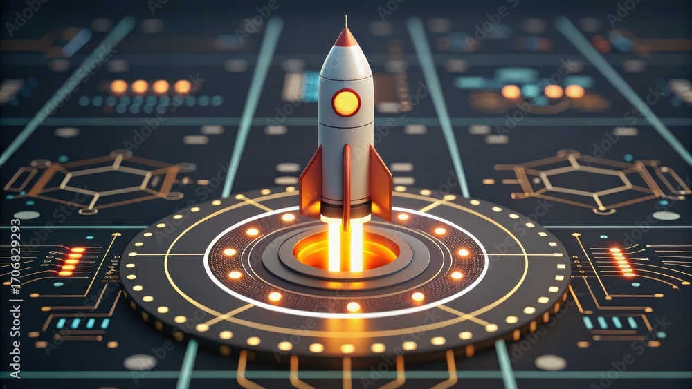 Poster startup success execution competition goals concept. rocket launch on a futuristic control panel des