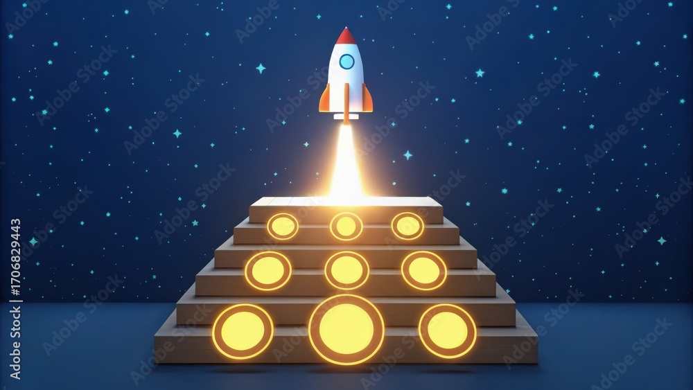 Poster startup success execution competition goals concept. rocket launching into space from a pyramid stru