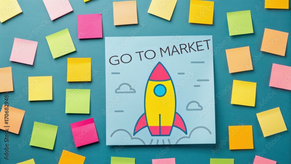 Poster startup success execution competition goals concept. bright illustration of a rocket with sticky not