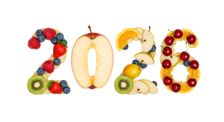 2026 number made of fresh fruits including kiwi, apple, orange, blueberries, raspberries and cherries on white background, healthy concept, perfect for nutrition articles