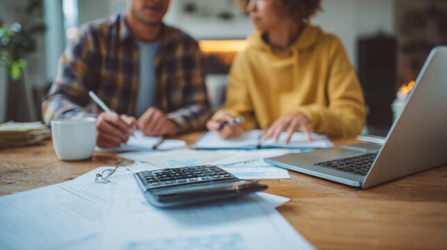 Couple discussing finances and creating budget at home, focused on their plans and calculations