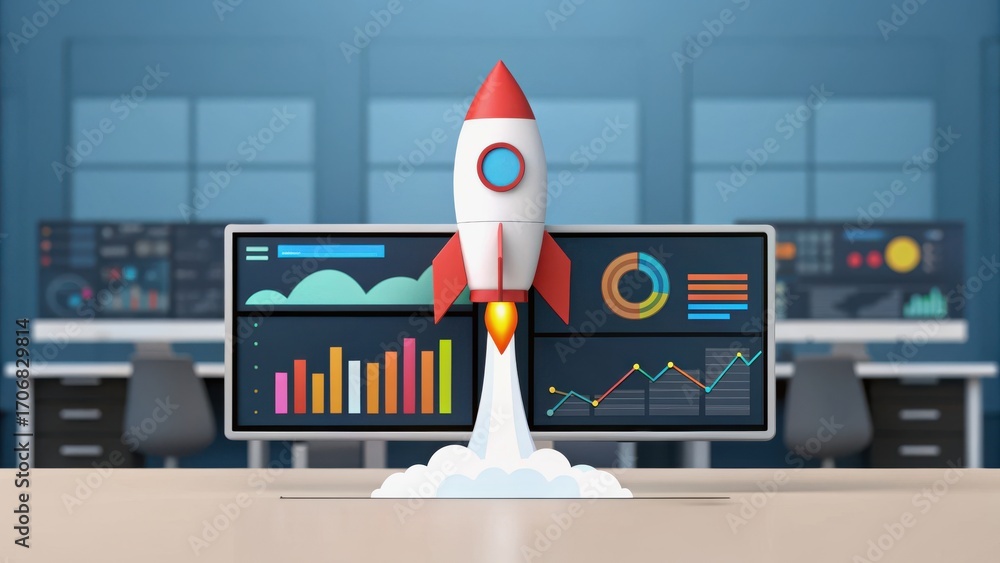 Poster startup success execution competition goals concept. rocket launching in a modern workspace with dat
