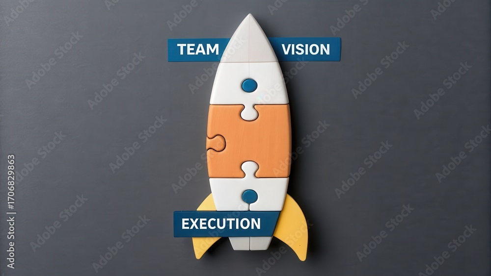 Poster startup success execution competition goals concept. puzzle rocket with words: team, vision, executi