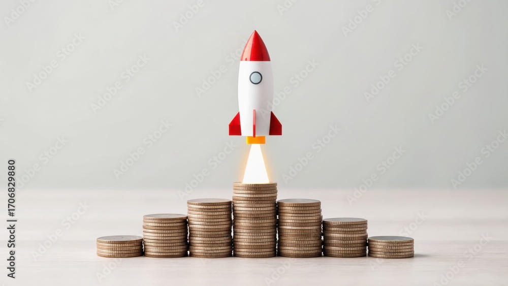 Poster startup success execution competition goals concept. rocket launching from a stack of coins represen