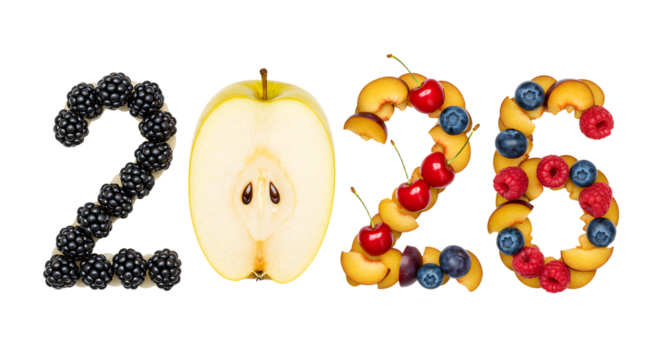 2026 formed by fresh mixed fruits including blueberries, apple, cherry and peach slices on white background, healthy concept perfect for calendars and healthy lifestyle