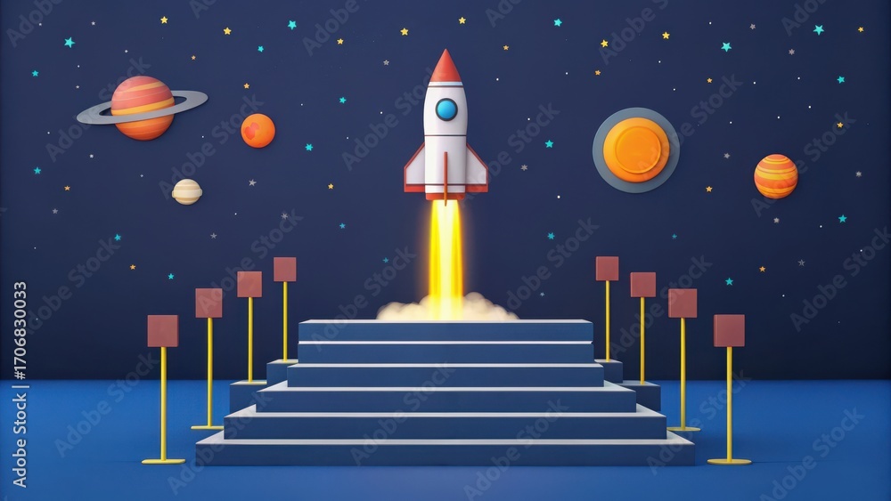 Poster startup success execution competition goals concept. rocket launching into space with planets in the