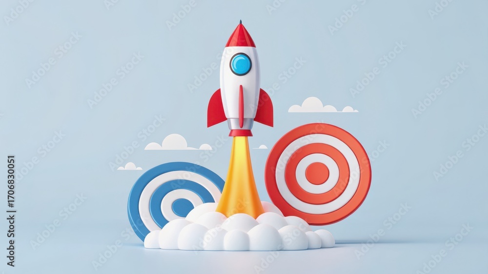 Poster startup success execution competition goals concept. colorful rocket launching with clouds and targe