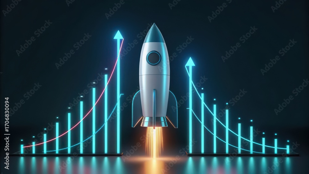 Poster startup success execution competition goals concept. rocket launching with rising graphs representin
