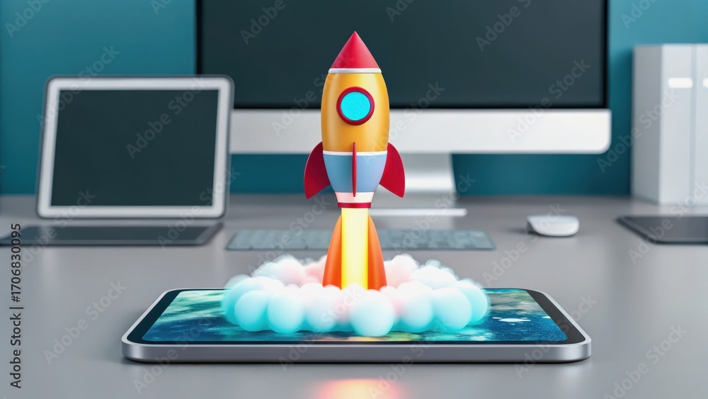 Poster startup success execution competition goals concept. 3d rocket launching from a tablet in a modern w