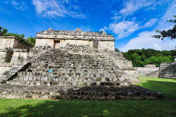View of the Las Gemelas or Twins ceremonial temple structure near the central plaza at the Mayan...