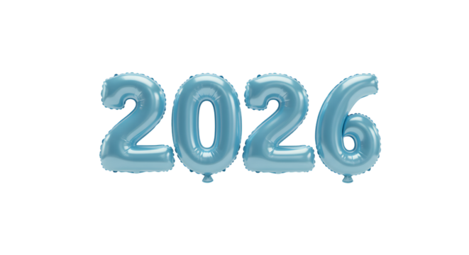Blue 2026 number balloons with shiny metallic surface on white background, perfect for New Year celebrations or milestone events